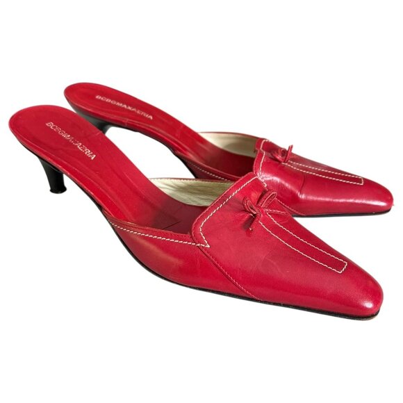 Y2K BCBG Max Azria Red Leather Pointed Toe Kitten Heel Mule 8.5 Bow - Picture 1 of 13
